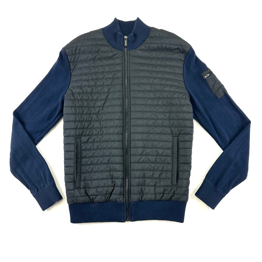 Tahari quilted zip front sweater bomber jacket Mens Small navy black mock neck